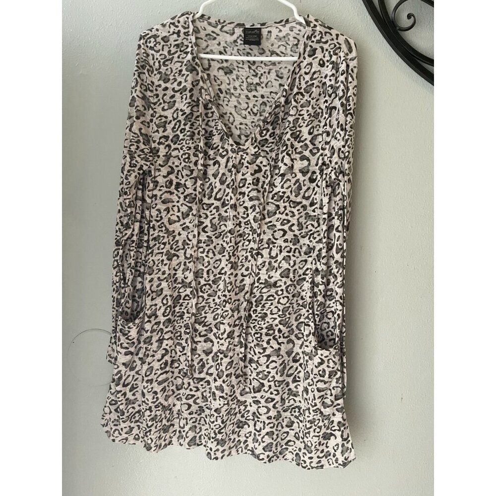 Catalina Womens Leopard Print Long Sleeve Tunic Top Sz 1X/16W Drawstring Pockets